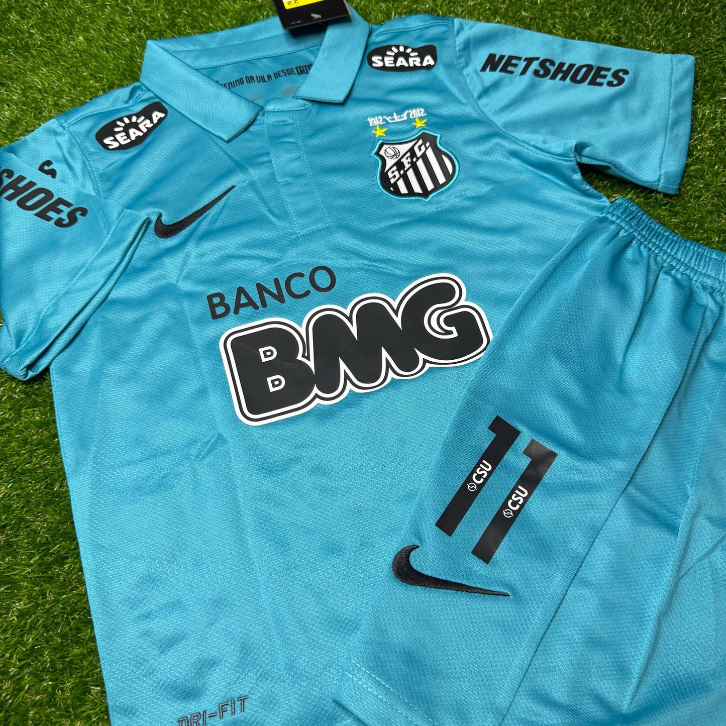 Neymar JR Santos FC 2011 2012 Retro Blue Green Turquoise Kids Kit Jersey KinderTrikot