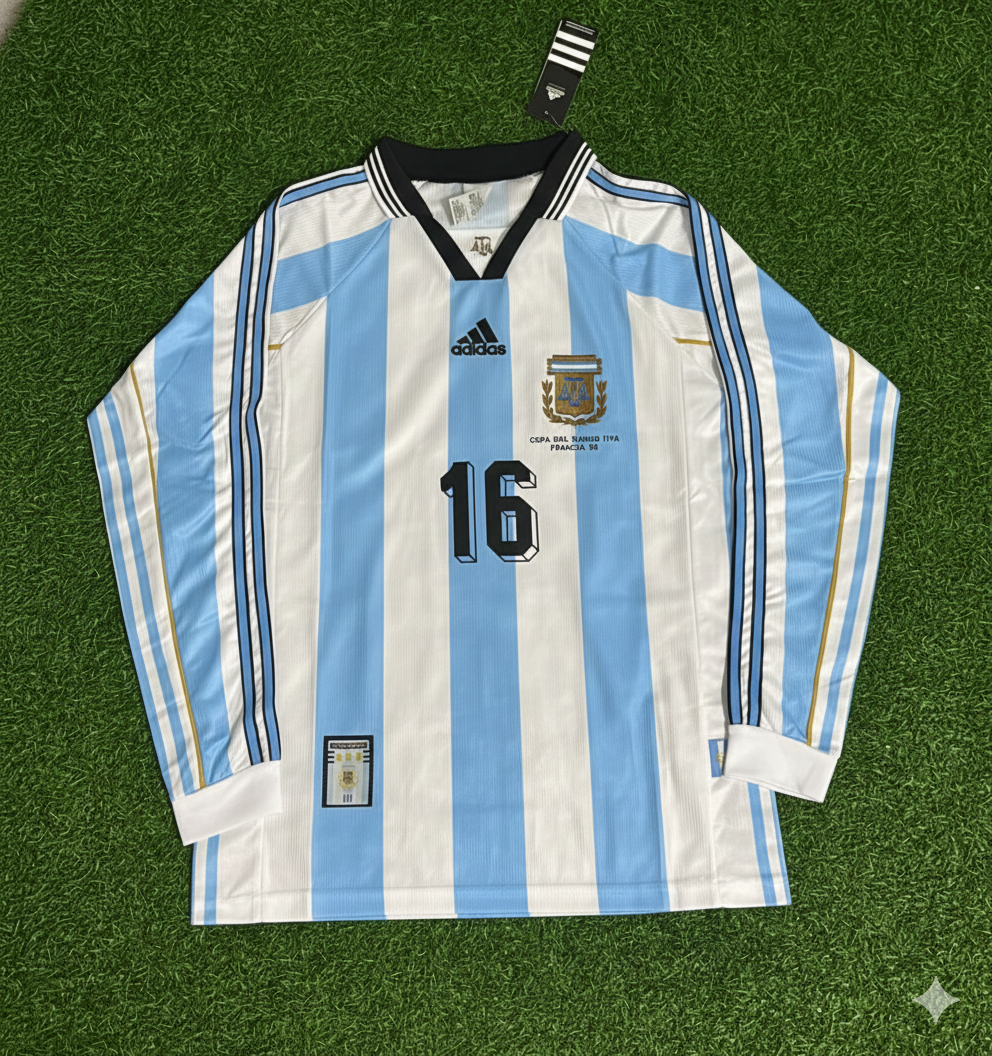 Argentina World Cup 1998 Diego Simeone White Long Sleeve Retro Football Jersey Kit