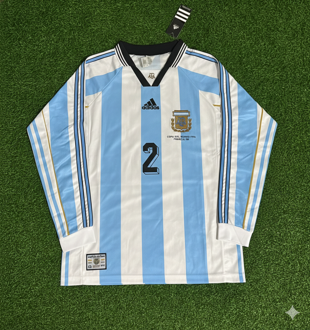 Argentina World Cup 1998 Roberto Ayala White Long Sleeve Retro Football Jersey Kit