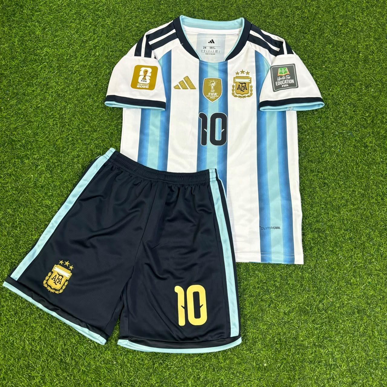 Argentina World Cup 2026 Lionel Messi #10 Home Kids Patch Football Jersey