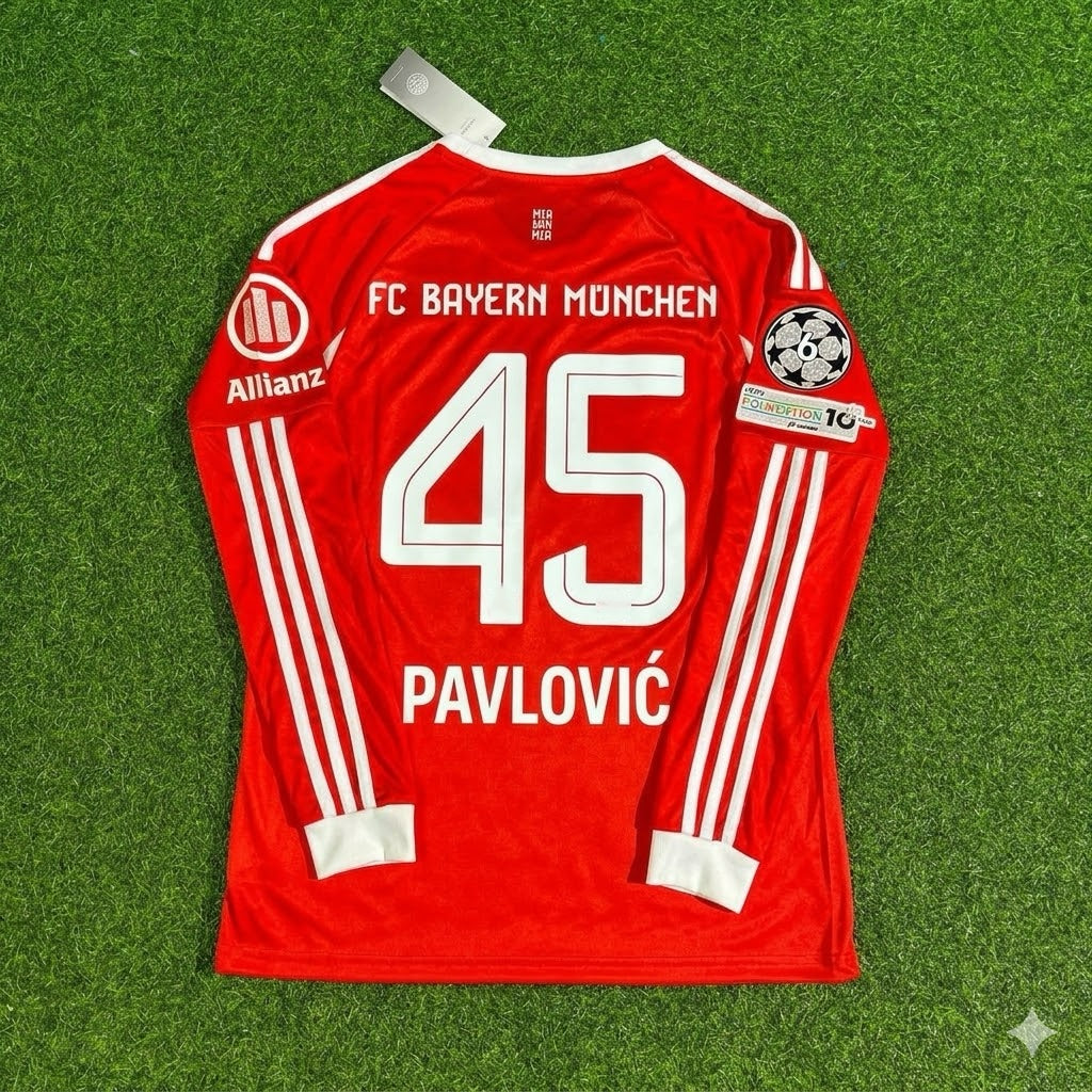Aleksandar Pavlović #45 Bayern Munich 2026 Champions League Long Sleeve Football Jersey Kit
