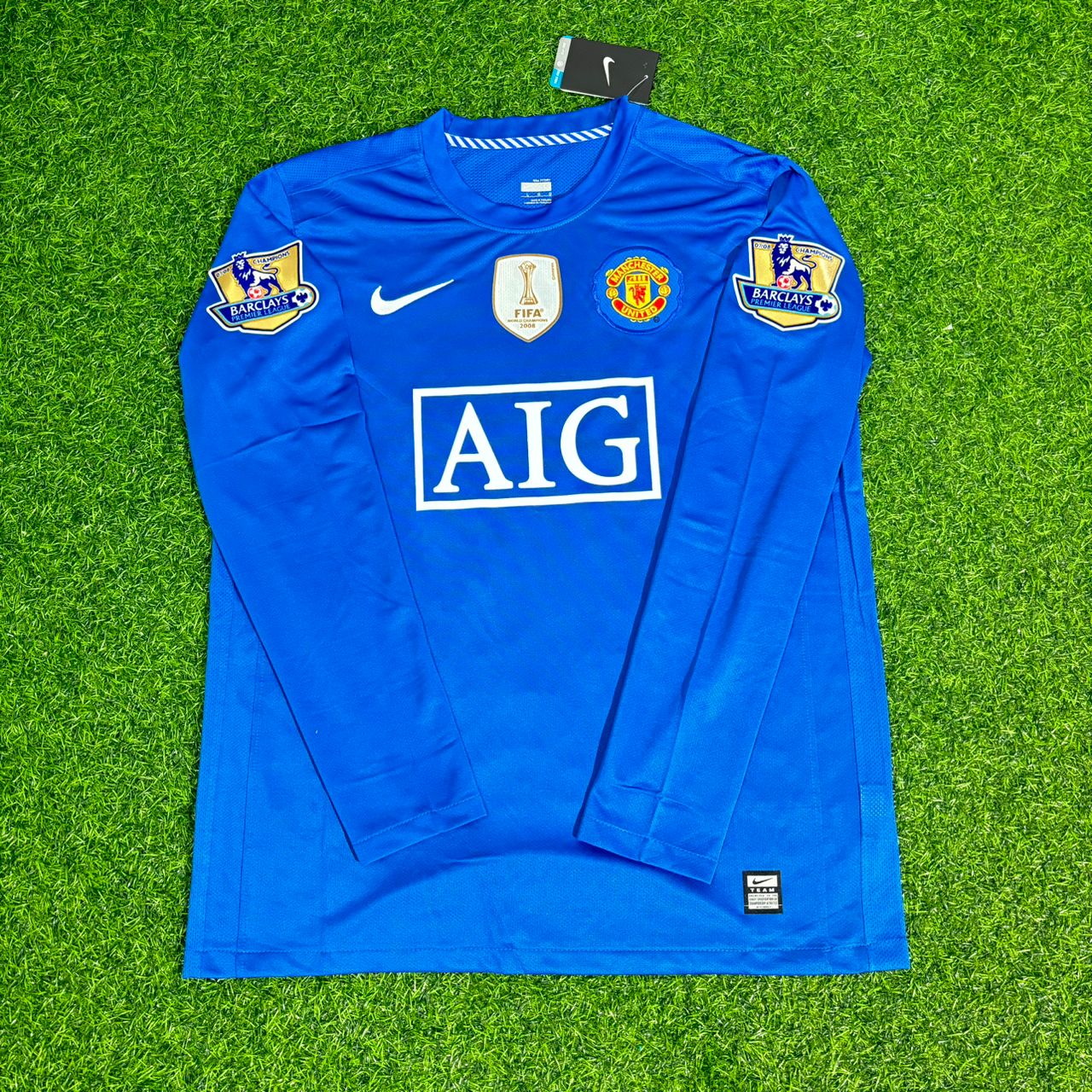 Patrice Evra Manchester United 2008 Blue EPL Patch Retro Long Sleeve Football Jersey Kit