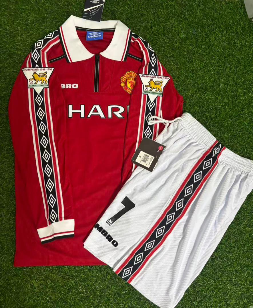 David Beckham Manchester United 1999 Red Long Sleeve Kids Retro Football Jersey Collection