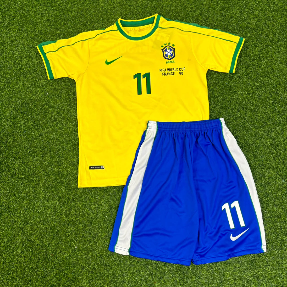Brazil World Cup 1998 Emerson #11 Kids Retro Football Jersey Kit