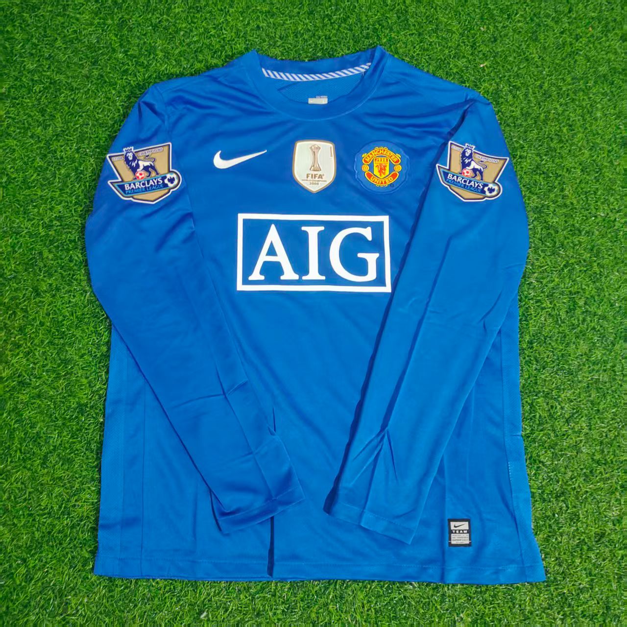 Luis Nani Manchester United 2008 Blue EPL Patch Retro Long Sleeve Football Jersey Kit