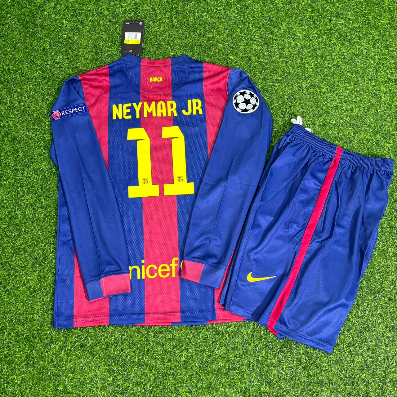 Barcelona Neymar Jr 2015 Champions League Final Long Sleeve Kids Retro Football Jersey Kit