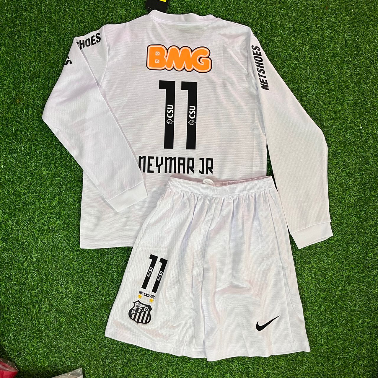 Santos FC Neymar Jr 2013 White Long Sleeve Kids Retro Football Jersey Set Soccer Shirt