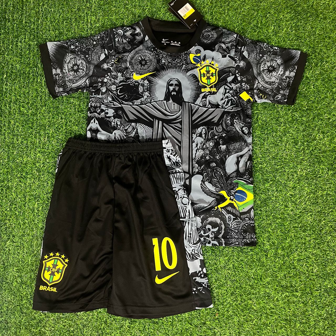 Ronaldinho Gaucho Brazil Black Kids Retro Football Jersey Set