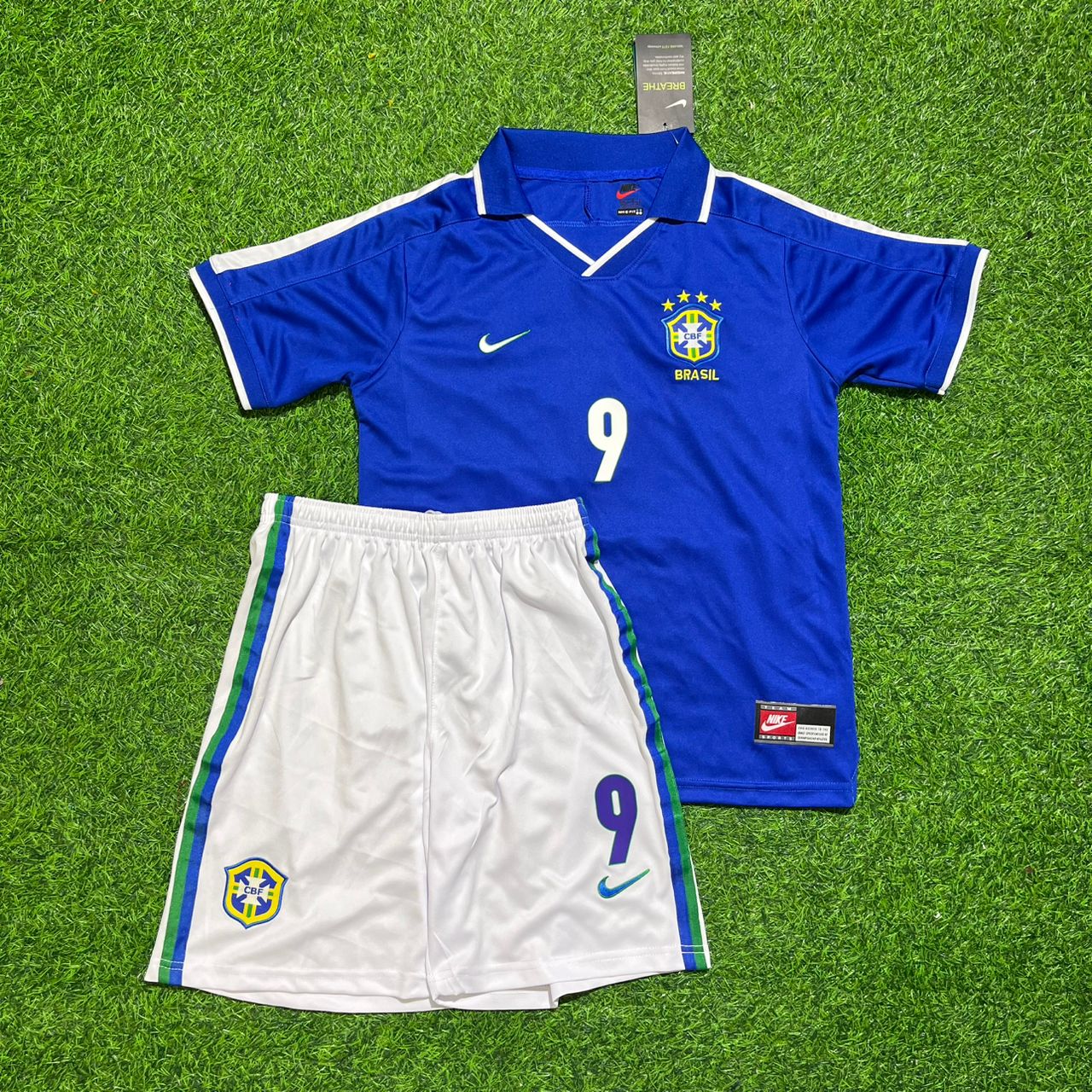 Ronaldo Nazario Brazil 1997 Blue Retro Kids Football Jersey Kit