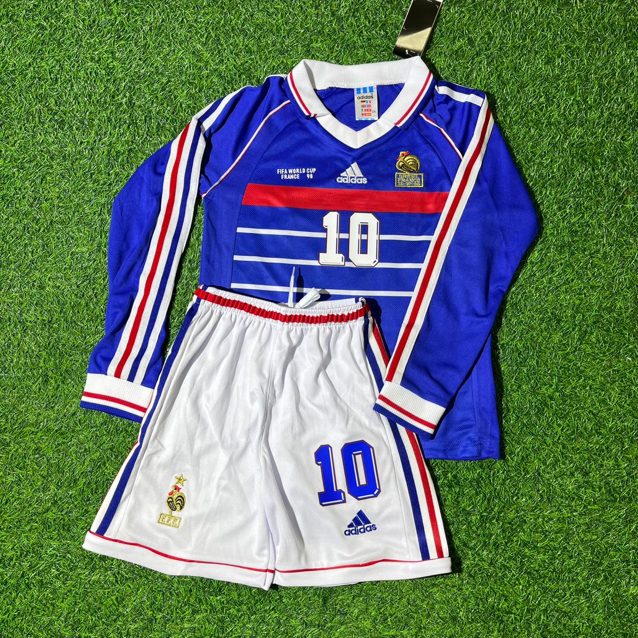 France World Cup 1998 Zinedine Zidane Retro Long Sleeve Kids Football Jersey Kit