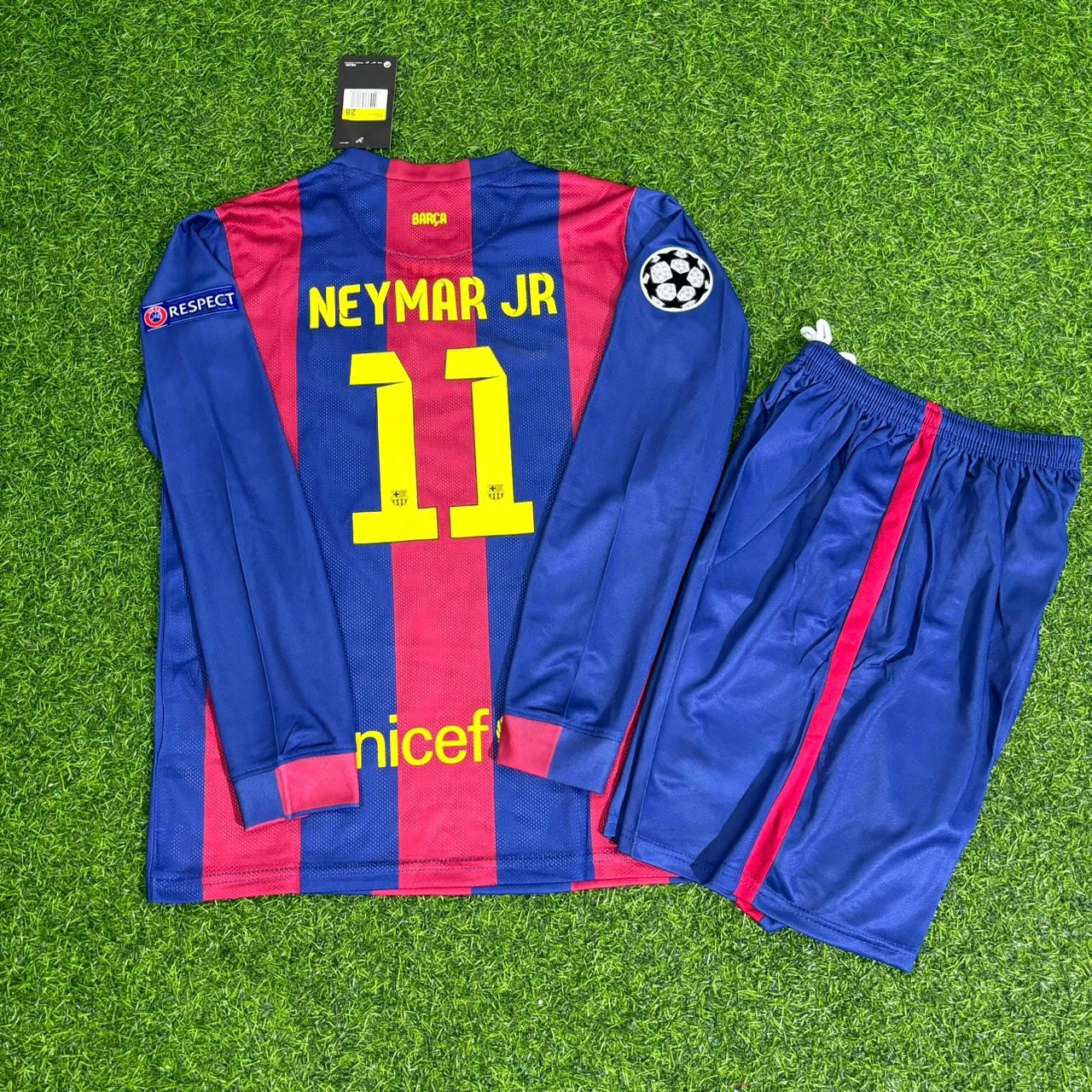 Barcelona Neymar Jr 2015 Champions League Final Long Sleeve Kids Retro Football Jersey Kit