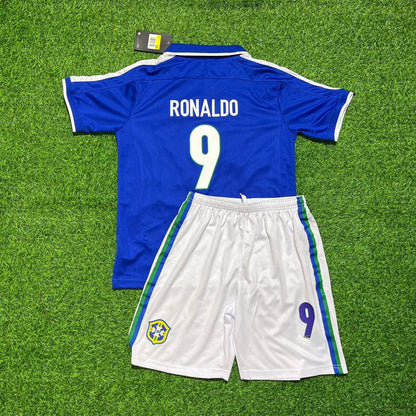 Ronaldo Nazario Brazil 1997 Blue Retro Kids Football Jersey Kit