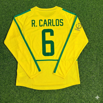 Roberto Carlos Brazil 2002 World Cup Final Yellow Long Sleeve Retro Football Jersey