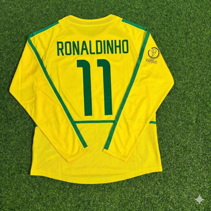 Maillot de Football Rétro Manches Longues Jaune Ronaldinho Brésil Coupe du Monde 2002