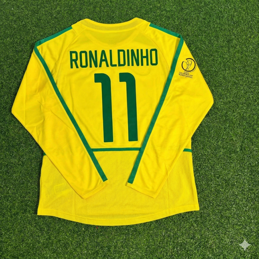 Ronaldinho Brazil 2002 World Cup Final Yellow Long Sleeve Retro Football Jersey
