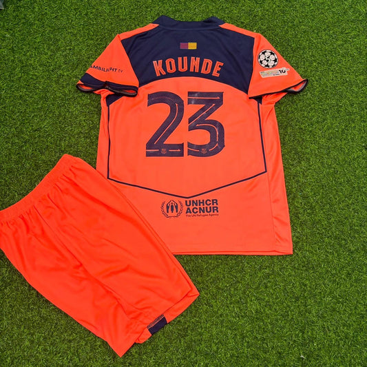 Jules Koundé Barcelona 2025/2026 Season Orange Kids Football Jersey Kit