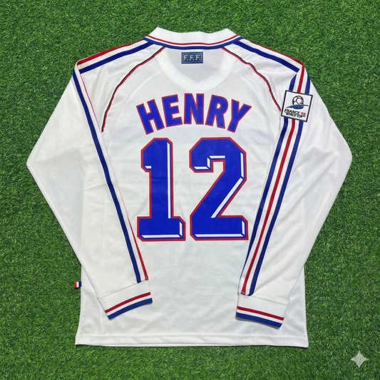 France World Cup 1998 Thierry Henry #12 White Away Long Sleeve Retro Football Jersey