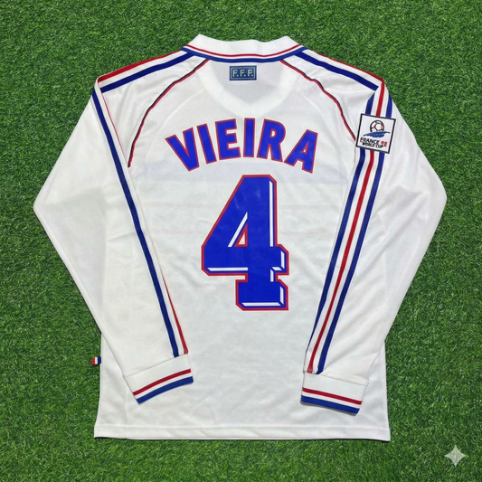 France World Cup 1998 Patrick Vieira #4 White Away Long Sleeve Retro Football Jersey