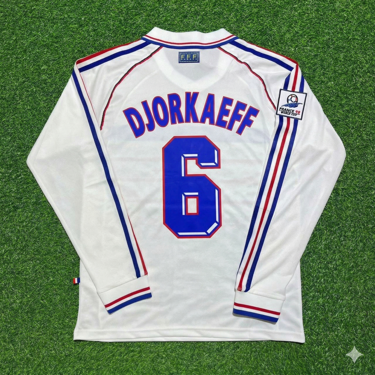 France World Cup 1998 Youri Djorkaeff #6 White Away Long Sleeve Retro Football Jersey
