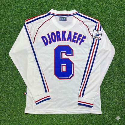 France World Cup 1998 Youri Djorkaeff #6 White Away Long Sleeve Retro Football Jersey