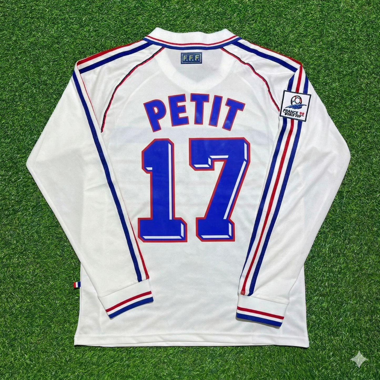 France World Cup 1998 Emmanuel Petit #17 White Away Long Sleeve Retro Football Jersey