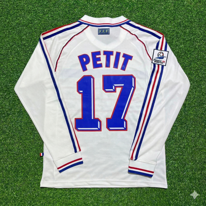 France World Cup 1998 Emmanuel Petit #17 White Away Long Sleeve Retro Football Jersey