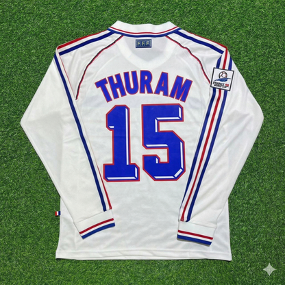 France World Cup 1998 Lilian Thuram #15 White Away Long Sleeve Retro Football Jersey