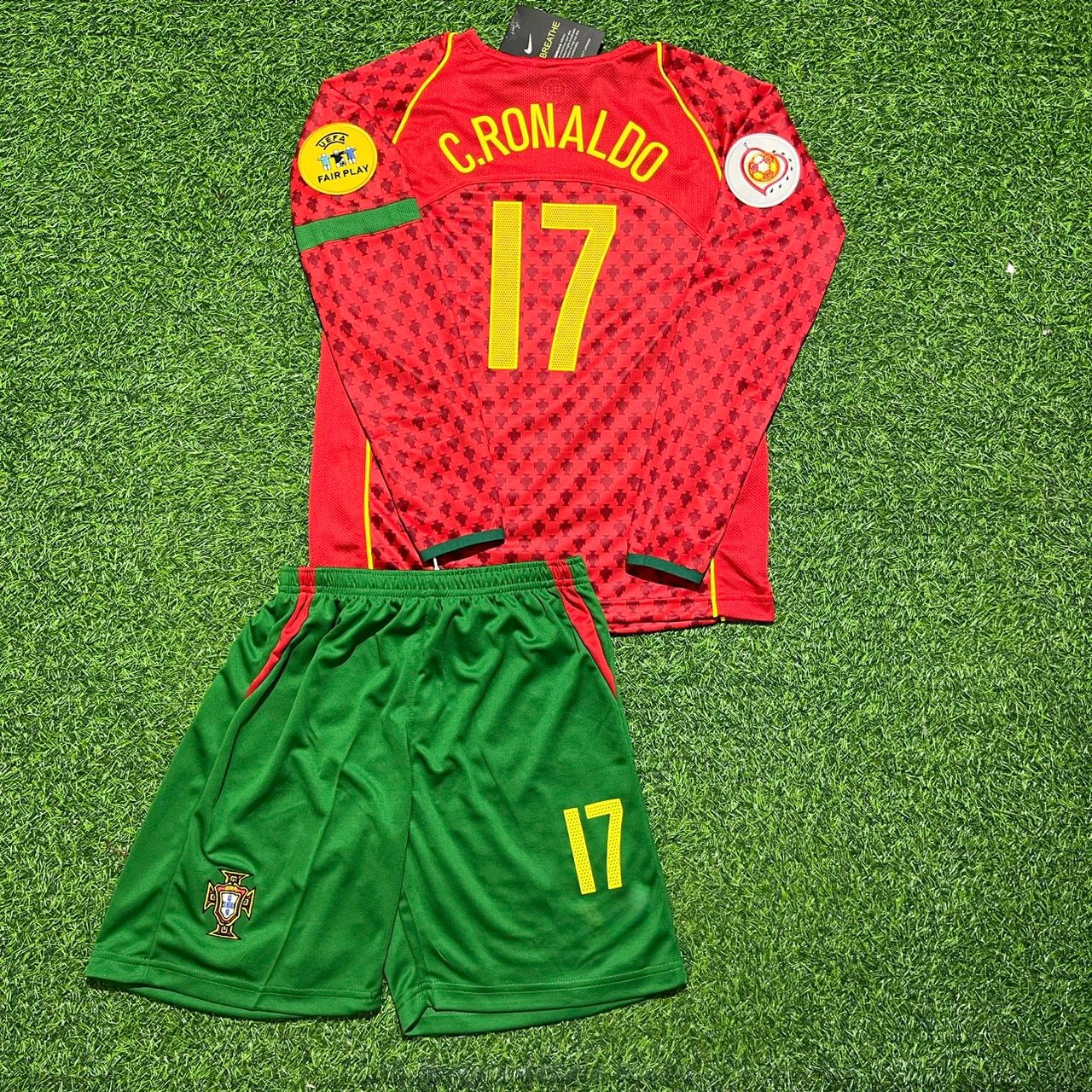Portugal EURO 2004 Cristiano Ronaldo Long Sleeve Retro Home Red Kids Football Jersey