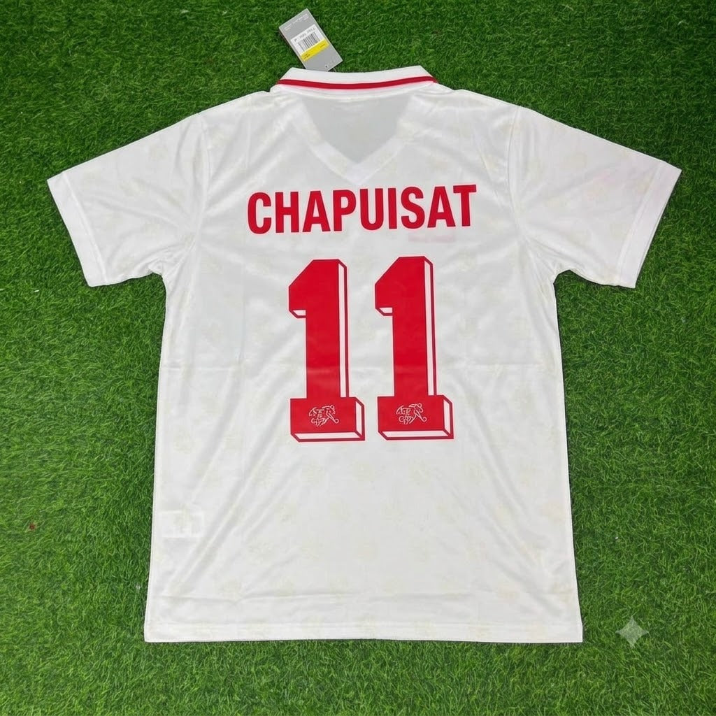 Switzerland World Cup 1994 Stephane Chapuisat White Retro Football Jersey