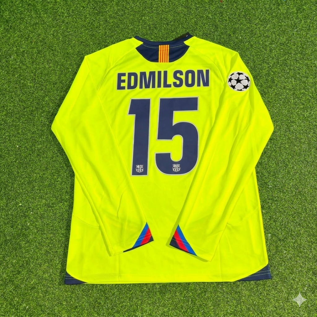Edmilson Barcelona 2005-2006 Yellow Green Retro Long Sleeve Football Jersey Kit