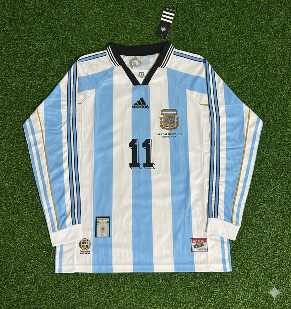 Argentina World Cup 1998 Juan Sebastian Veron White Long Sleeve Retro Football Jersey Kit