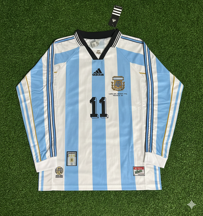 Argentina World Cup 1998 Juan Sebastian Veron White Long Sleeve Retro Football Jersey Kit