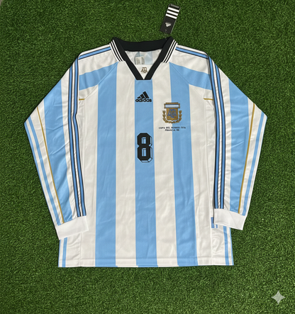Argentina World Cup 1998 Javier Zanetti White Long Sleeve Retro Football Jersey Kit