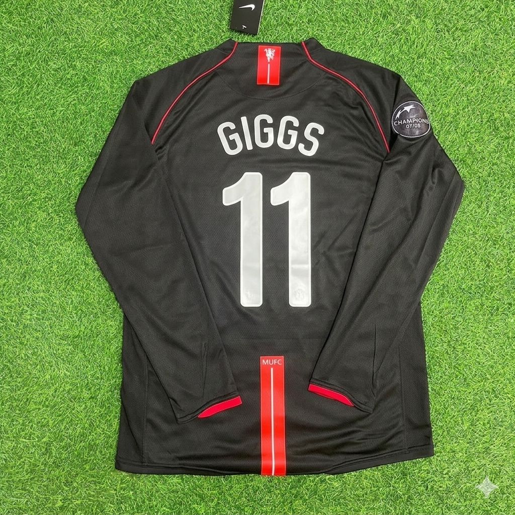 Ryan Giggs Manchester United 2007/2008 Champions League Patch Black Retro Football Jersey Collection