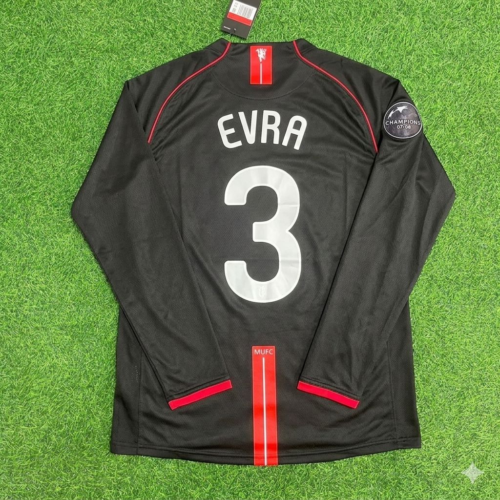 Patrice Evra Manchester United 2007/2008 Champions League Patch Black Retro Football Jersey Collection