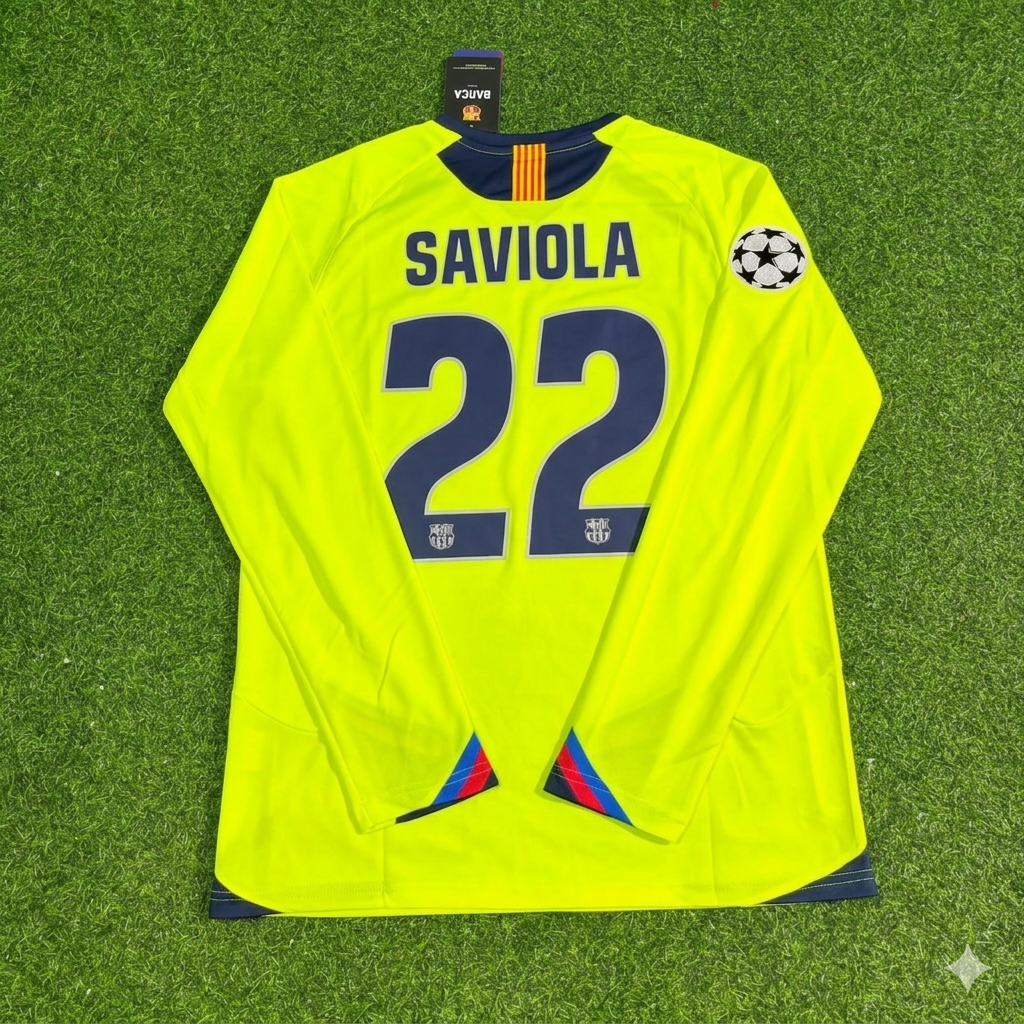 Javier Saviola Barcelona 2005-2006 Yellow Green Retro Long Sleeve Football Jersey Kit