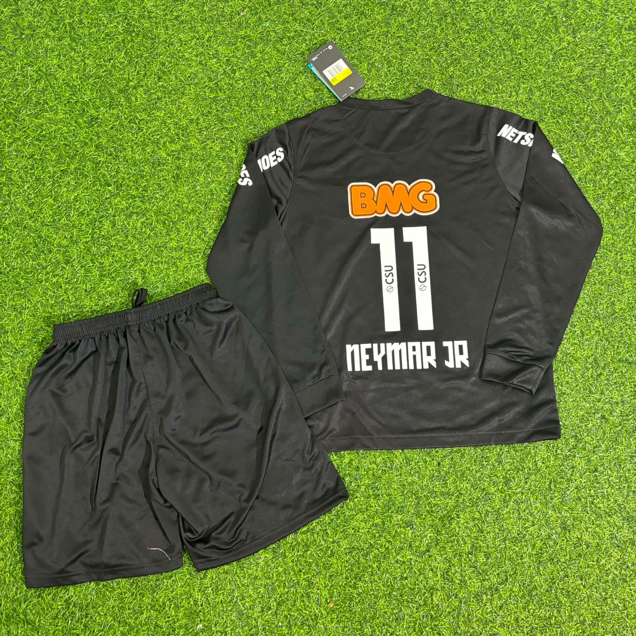 Santos Neymar Jr Kids Black Long Sleeve Retro Football Jersey Kit