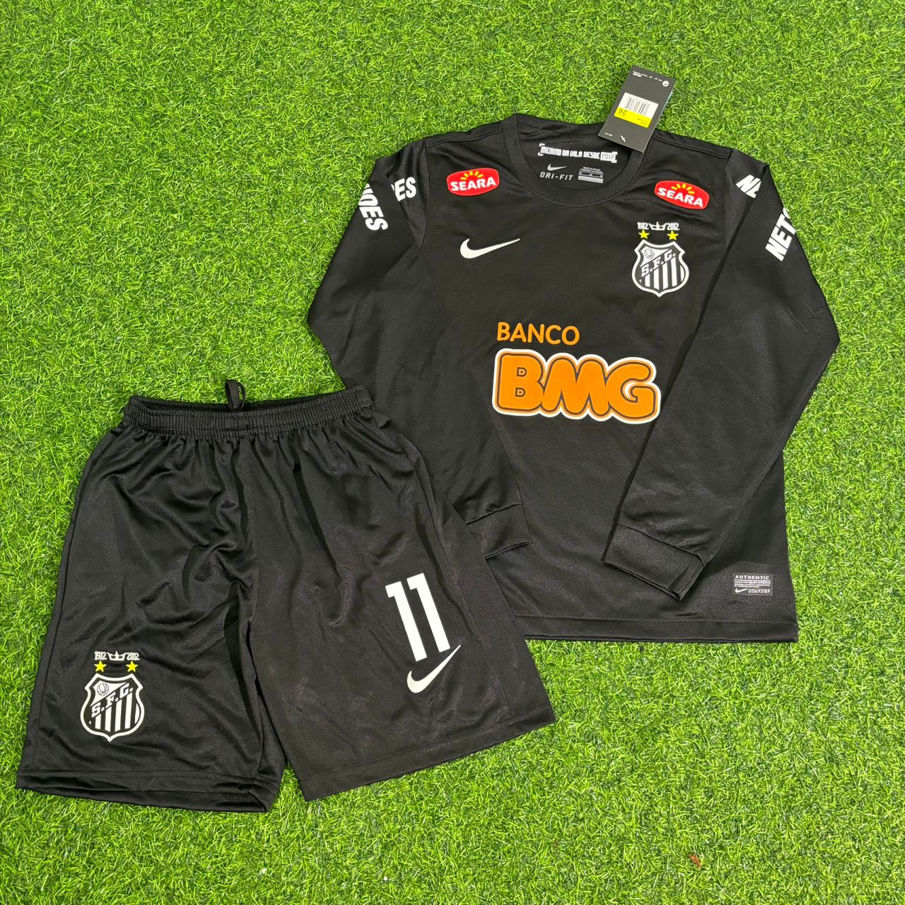 Santos Neymar Jr Kids Black Long Sleeve Retro Football Jersey Kit