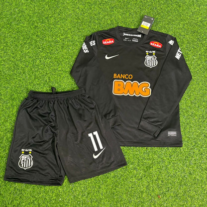 Santos Neymar Jr Kids Black Long Sleeve Retro Football Jersey Kit