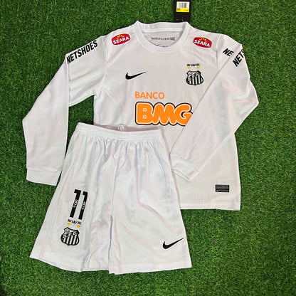 Santos FC Neymar Jr 2013 White Long Sleeve Kids Retro Football Jersey Set Soccer Shirt