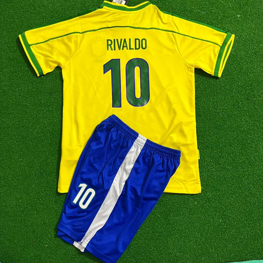 1998 Rivaldo Brazil World Cup Retro Kids Soccer Jersey Kit Kindertrikot Soccer Kit