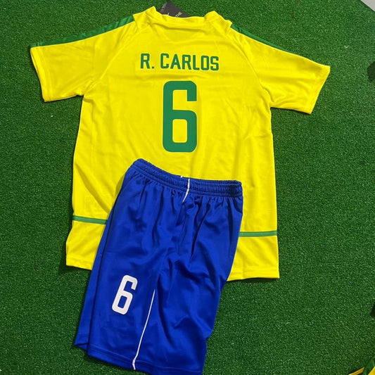Brazil Roberto Carlos 2002 World Cup Retro Kids Soccer Kit Jersey Kinder Trikot Maillot Enfant Soccer Kit