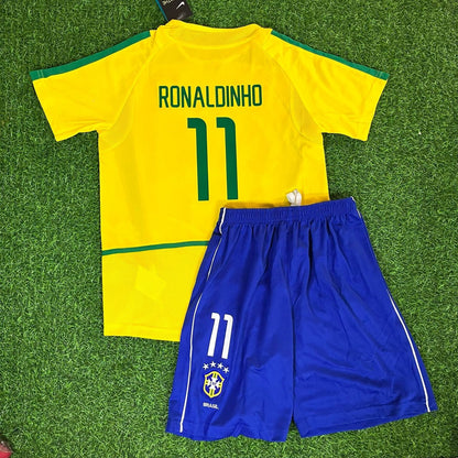 Ronaldinho Gaucho Brazil 2002 Home Kids Kit Football Jersey Kit for Children