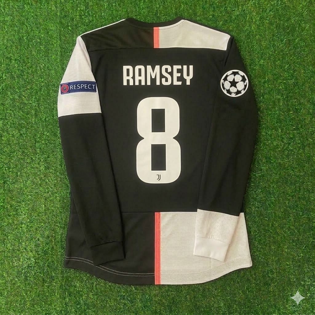 Aaron Ramsey 8- Juventus Long Sleeve 2019 2020 Retro White Black Football Jersey