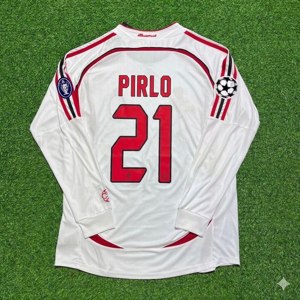 Andrea Pirlo #21 AC Milan 2007 Champions League Final Away White Long Sleeve Retro Football Jersey