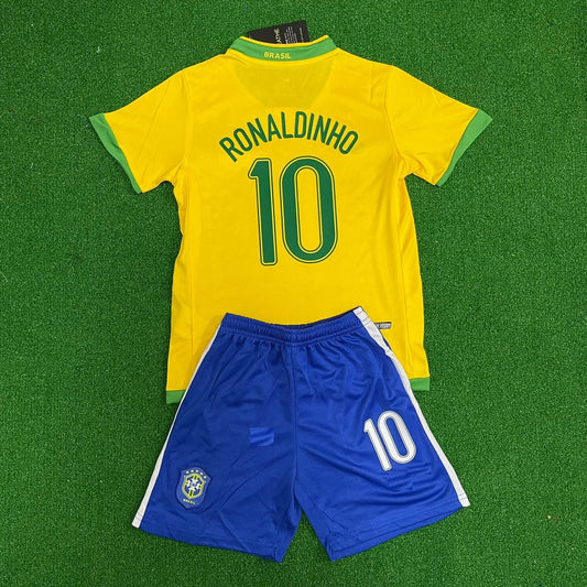 – Ronaldinho Gaucho Brazil 2006 Retro Kids Kit Jersey – | KinderTrikot | Maillot Enfant Soccer Kit
