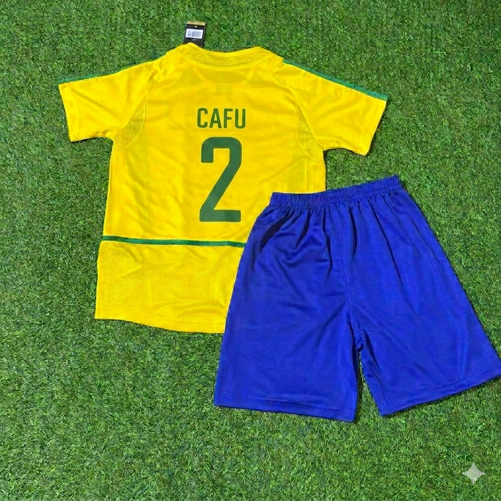 Cafu 2- Brazil Retro Kids Football Jersey Kit