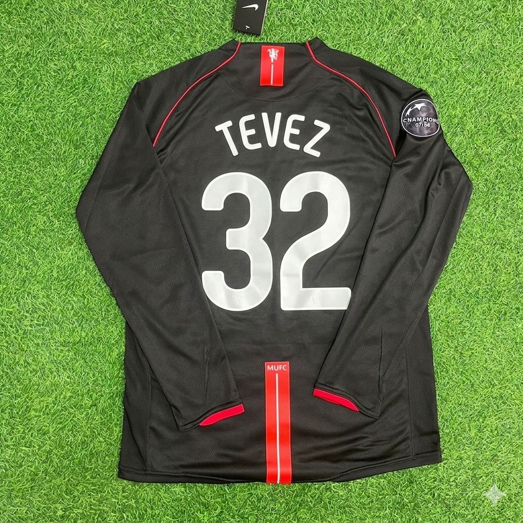 Carlos Tevez Manchester United 2007/2008 Champions League Patch Black Retro Football Jersey Collection