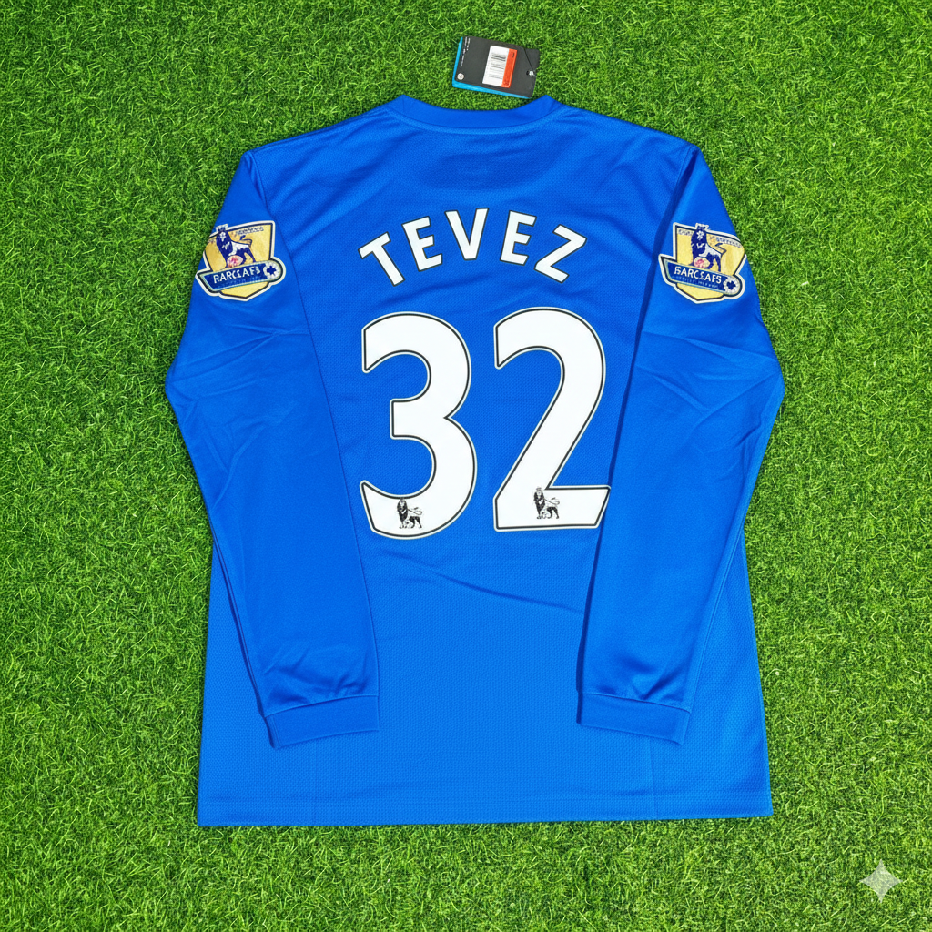 Carlos Tevez Manchester United 2008 Blue EPL Patch Retro Long Sleeve Football Jersey Kit