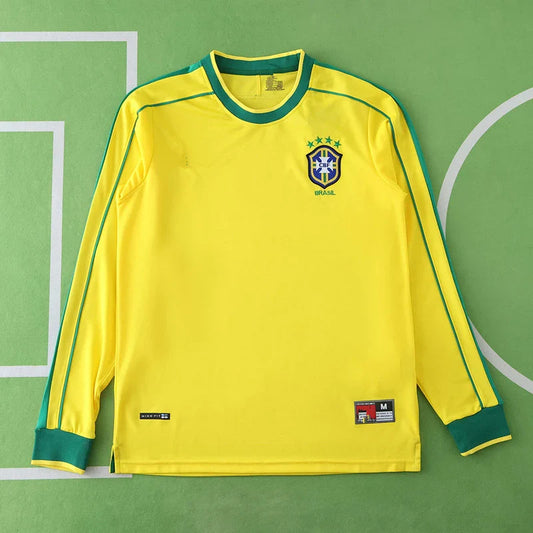 Home Brazil 1998 Long Sleeved Yellow Retro Jersey Trikot Soccer Kit
